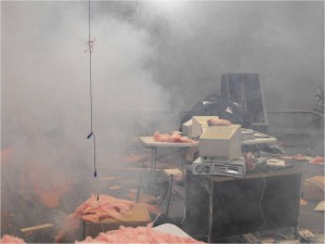 A fog machine adds to the realism of this disaster scenario.